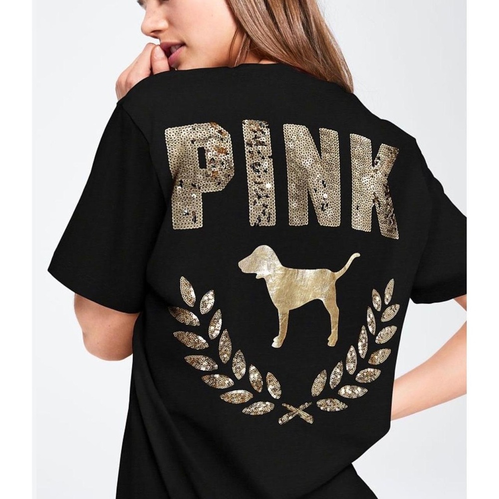 Victoria's Secret Pink bling campus tshirt black tee gold sequin ✨ Small